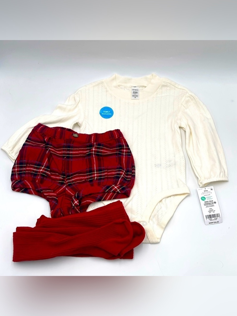 Carter's Cream Knit Long-Sleeve Bodysuit with Red Plaid Bloomers & Red Tights